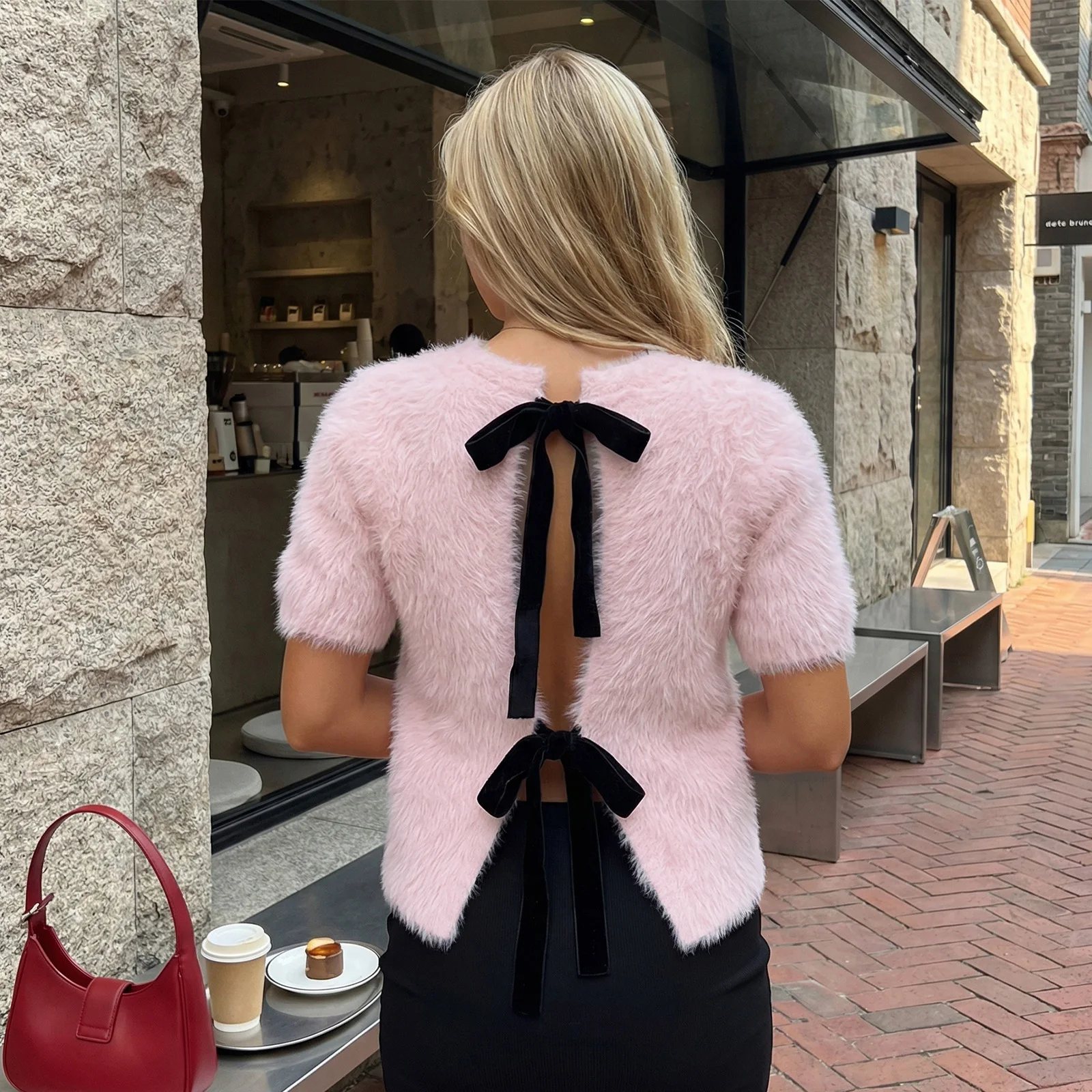 

Женский трикотажный свитер на весну-лето, однотонный, с коротким рукавом, круглым вырезом, открытой спиной и завязками, повседневный топ-пуловер