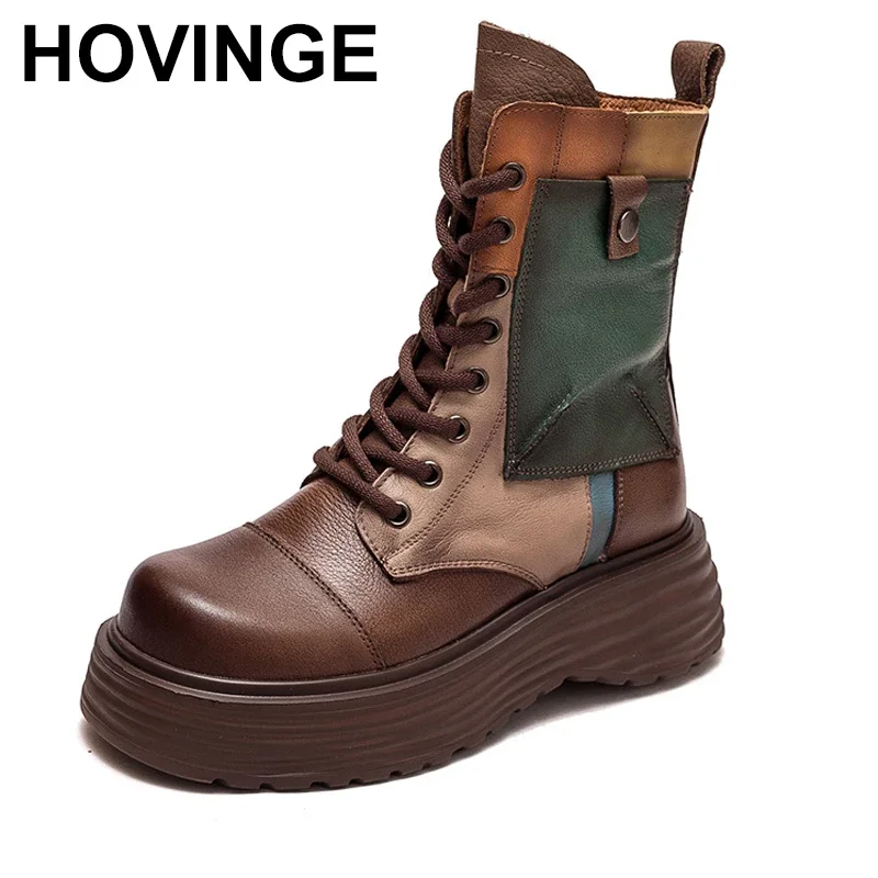 2025 Ankle Boots 6cm Genuine Leather Wedge Booties Ethnic Women ZIP Platform Moccasins Autumn Spring Mixed Color Fashion Shoes