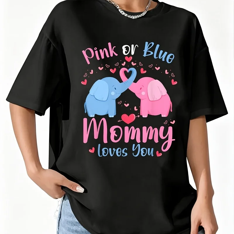 Pink or Blue Mommy Loves You Gender Reveal Elephant Women's 100% Cotton T-Shirt Short Sleeve Top Casual Round Neck Fun Print Tee S-5Xl