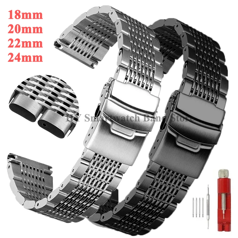 18mm 20mm 22mm 24mm Solid Stainless Steel Straps for Seiko Diving Mesh Watch Band Folding Buckle Brushed Polished Clasp Bracelet