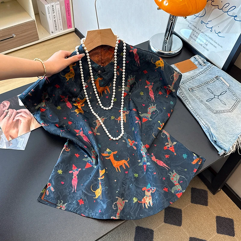 

Chinese National Style Printed Short Sleeve Loose Women's Shirt Fashionable Casual Top Polyester Fiber Summer Wear