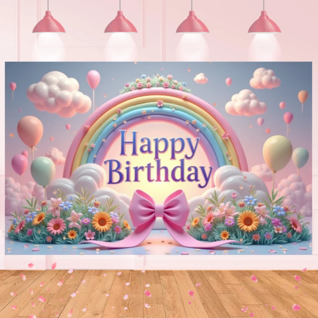 Colorful Balloon Rainbow Theme Happy Birthday Party Decoration Baby Shower Photography Backdrop For Outdoor And Home Celebration