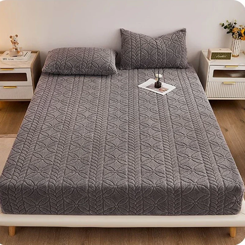 Soft Winter Coral Fleece Fitted Sheet Elastic Mattress Protector Cover Warm Plush Bed Linen Luxury Double Bed Single Queen King