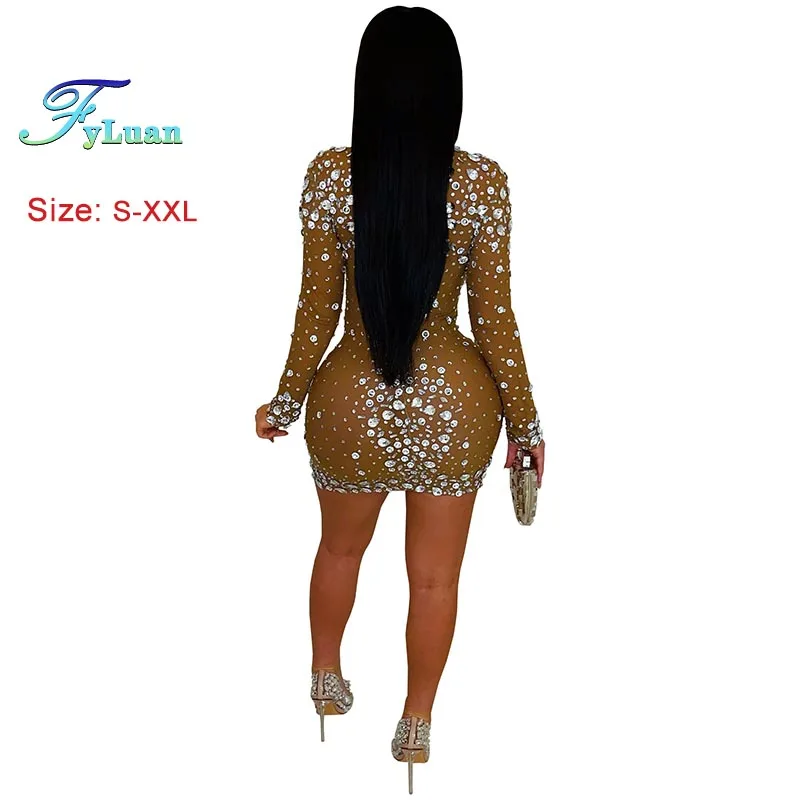 2025 موضة المرأة فستان قصير مثير كم طويل بقماش شفاف Bodycon فستان بلون الساخن الماس ضيق المناسب فستان فساتين حفلات #5