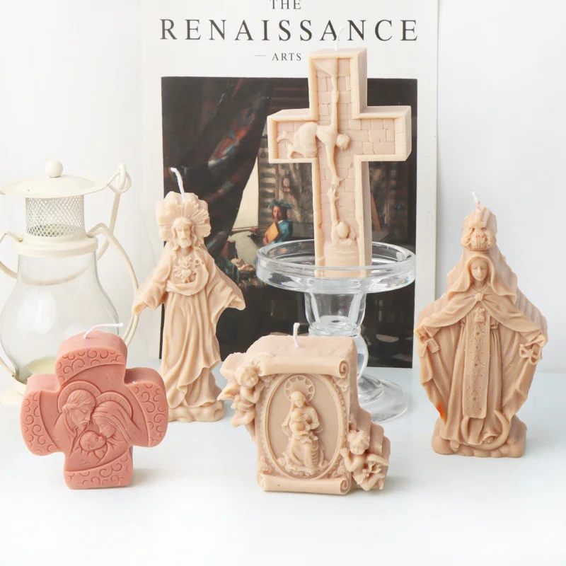 3D Arch Shape Holy Family Candle Silicone Mold DIY Jesus Cross Angel Virgin Mary Gypsum Epoxy Resin Casting Tool Religious Decor