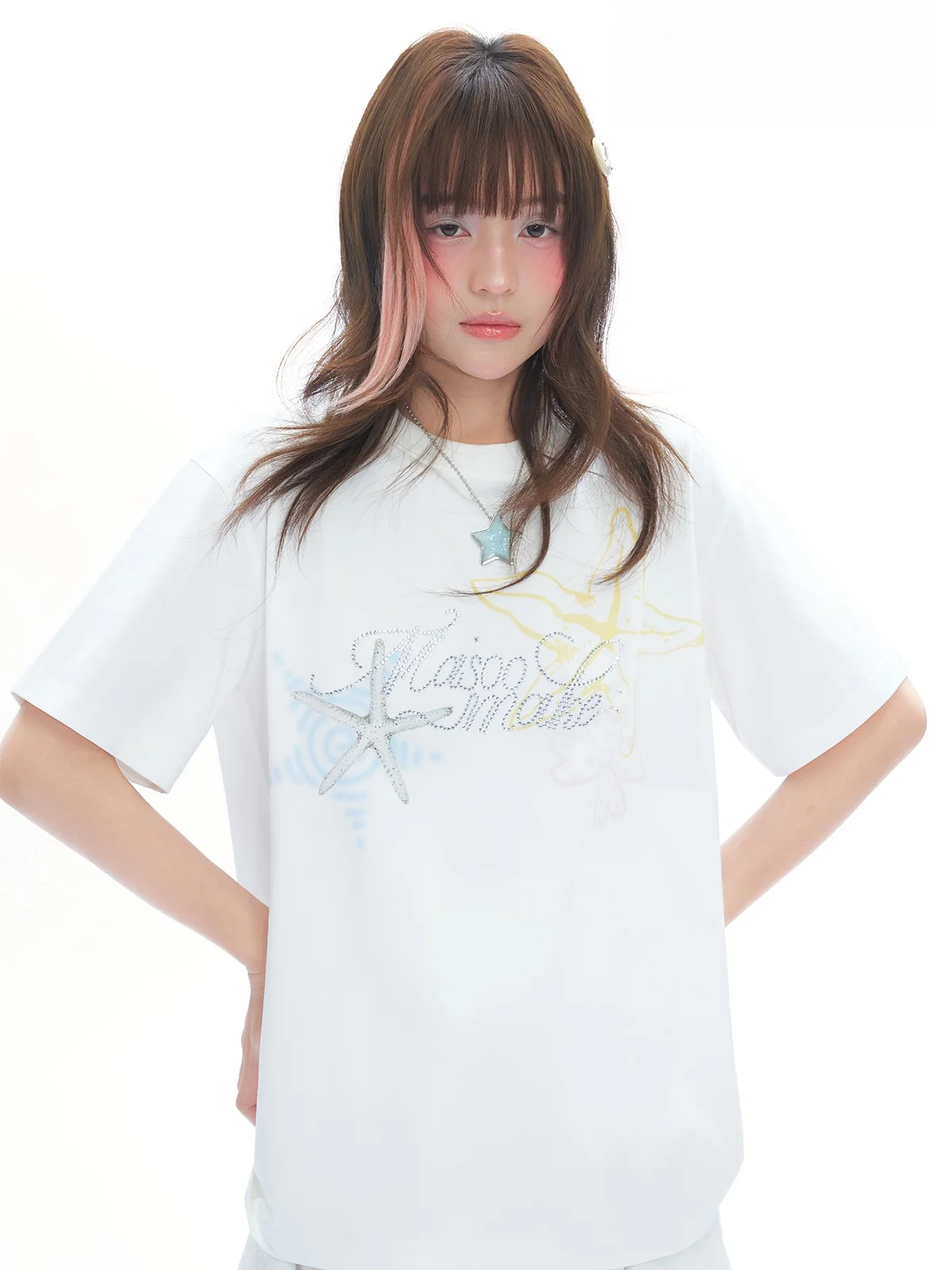

Повседневная летняя футболка Masoomake для студентов, с круглым вырезом, короткими рукавами, с принтом, универсальная, свободного кроя, из смесового хлопка, удобный топ