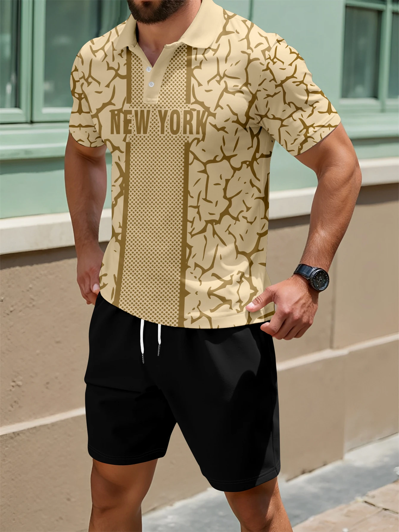 

Men's Casual Short Sleeve Polo Shirt And Shorts Digital Print Set