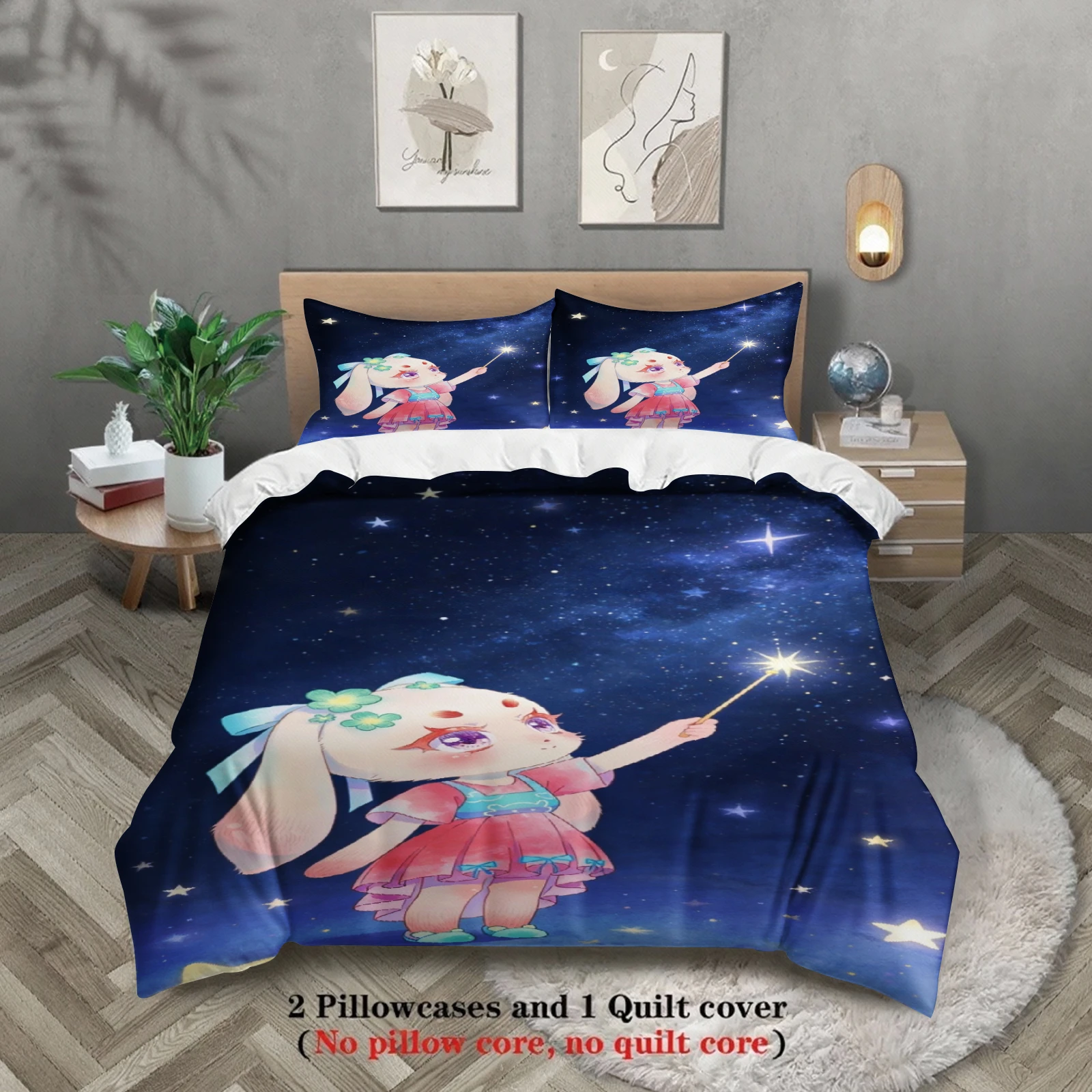 

Softville Cozy Town 3PCS Bedding Sets Lop Rabbit Waving A Magic Wand Print Duvet Cover No filling Cartoon Style Queen King Size