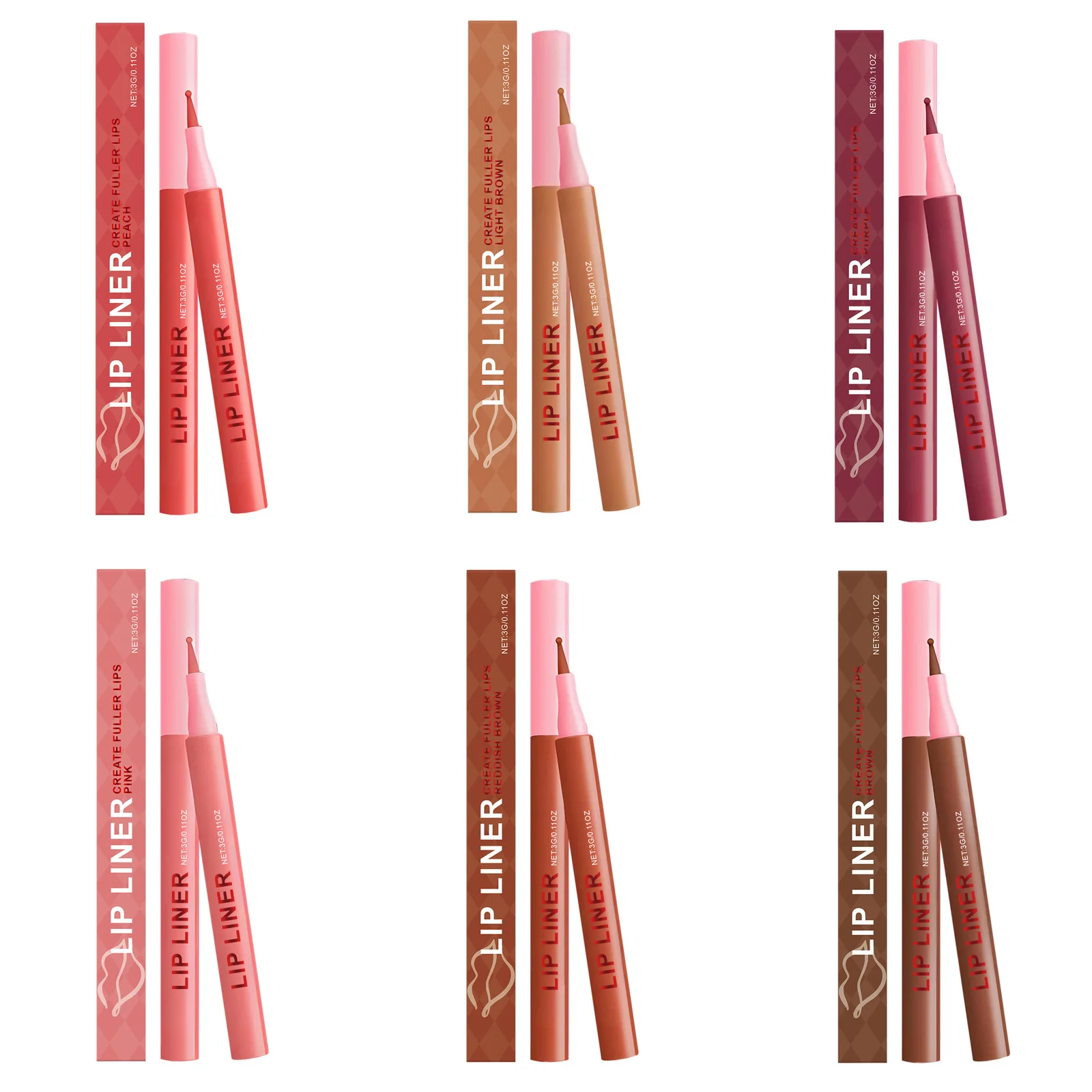 قلم تحديد الشفاه غير اللامع المقاوم للماء يدوم طويلاً ومقاوم للتلطخ، قلم تحديد الشفاه المصطبغ للغاية، مكياج كنتوري مرطب 6 ألوان