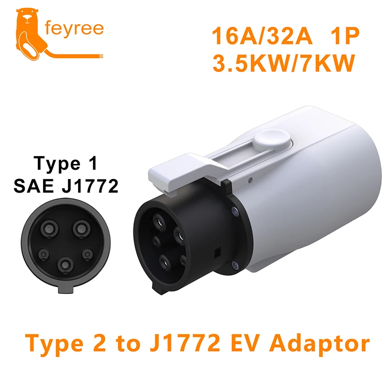 feyree EV Charger Adapter Type2 IEC62196-2 to Type1 Car Charging Socket AC Charger Adapter 32A 1Phase 3.5KW 7KW Max Electric Car