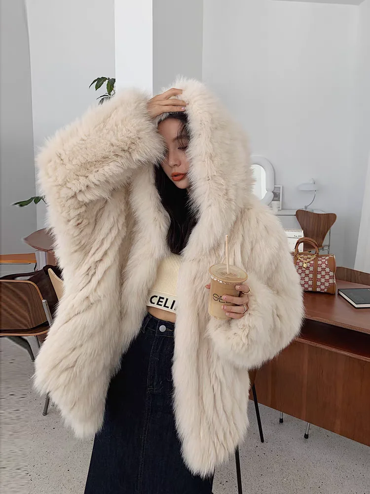 2025 abrigo de piel tejido de pelo de zorro Real de invierno abrigo de mujer de doble cara forro tejido de manga larga chaquetas femeninas de nuevo estilo