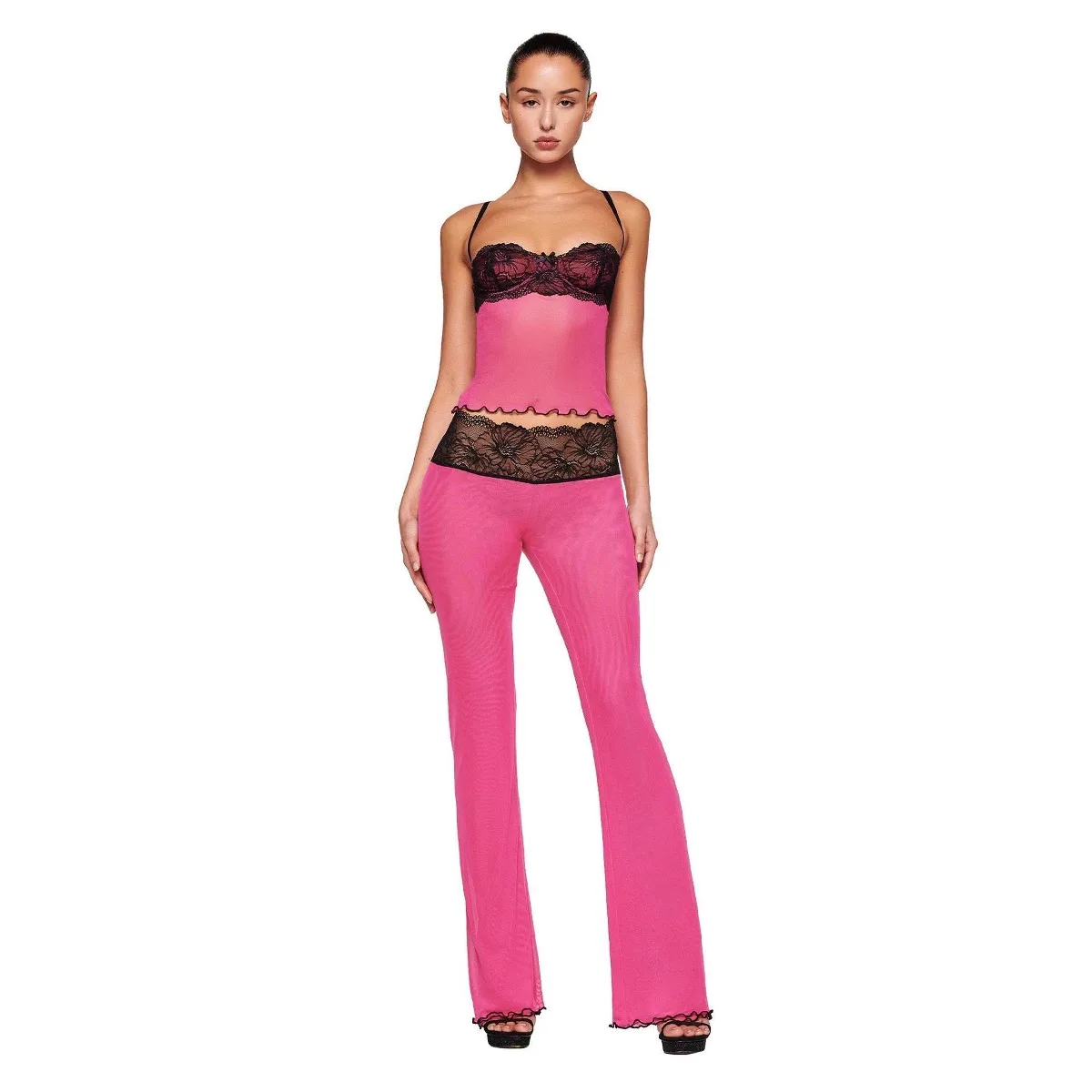 

I.AM.GIA Leopard Lace Patchwork Me f-Transparent Strap Long Pants SILO Set Iia Women's Lace Trim ter Ne Crop Top