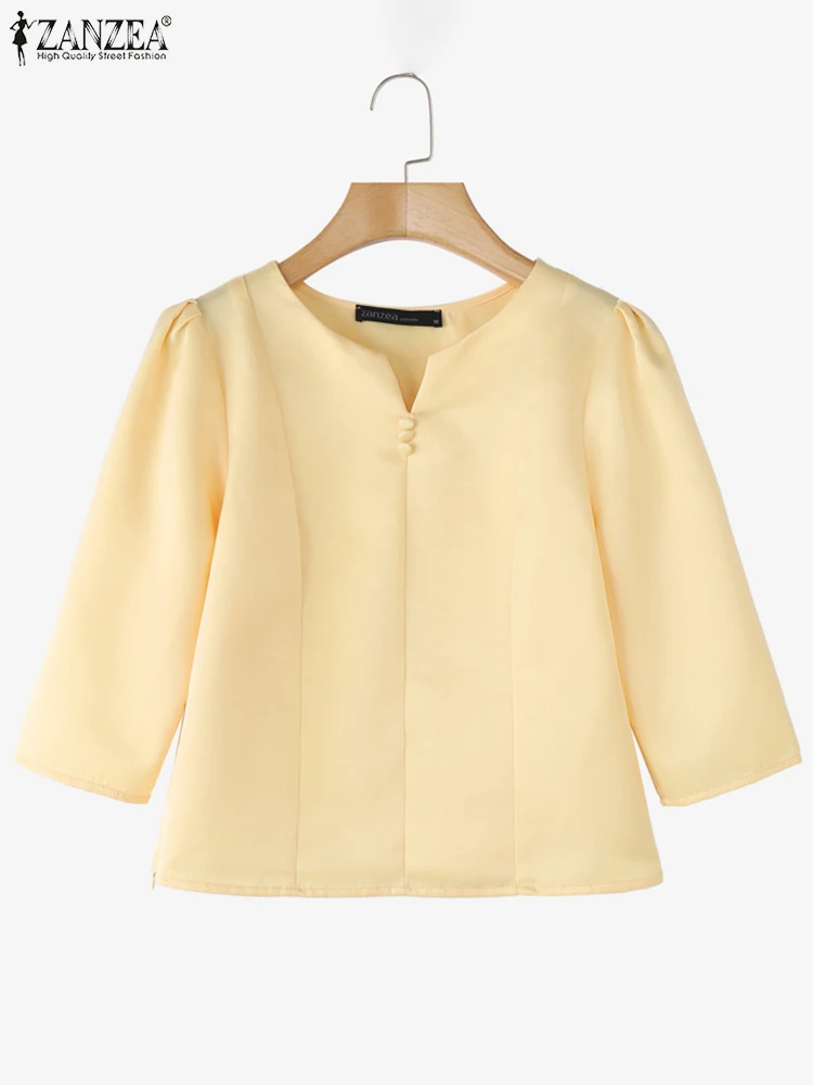 ZANZEA Tuniche da donna Camicette vintage con scollo a V Camicette eleganti in tinta unita 2025 Estate Casual Manica a sbuffo a 3/4 Blusas oversize