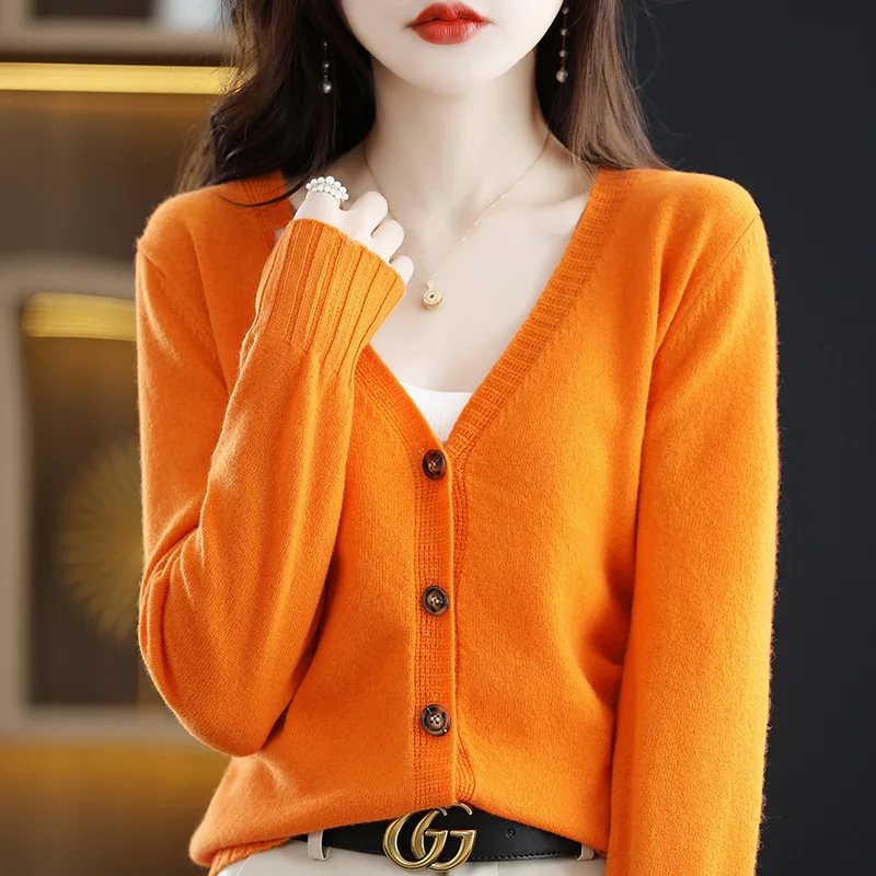 Women\'s Cardigan 100% Merino Wool Knitted Sweater Chic Top Causal Long Sleeve Loose Large Size Women Shirt Spring Autumn