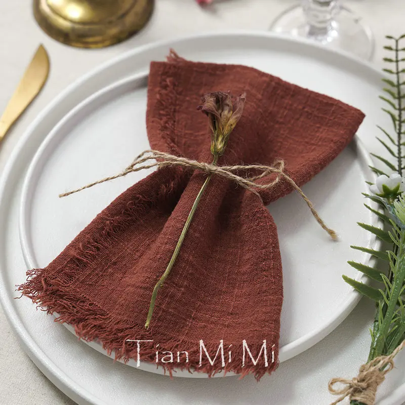 10pcs Vintage Rustic Cotton Napkins Retro Burr Soft and Absorbent Napkin Cloth Linen for Wedding Party Table Decorations