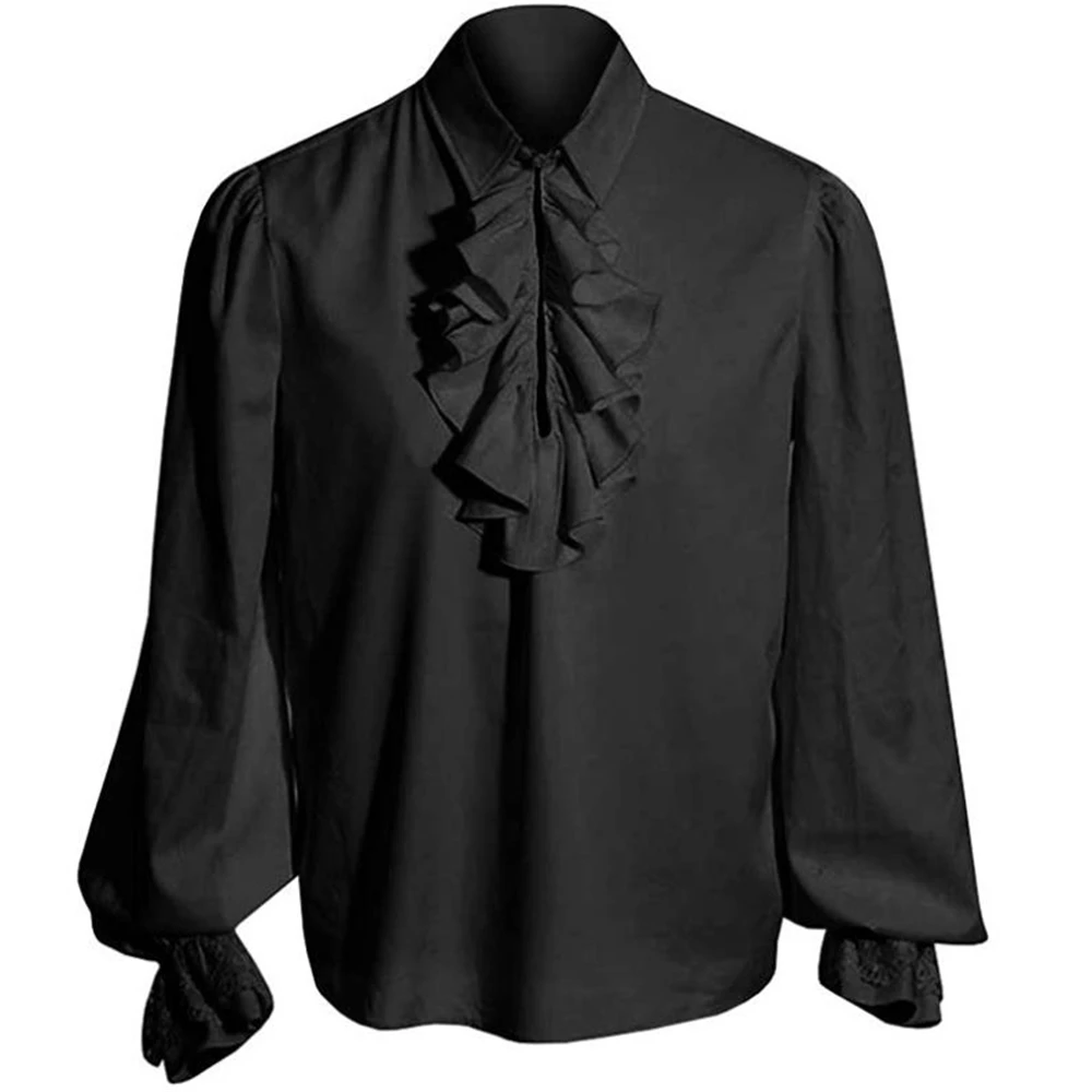 Solid Shirts Men Vintage Steampunk Victorian Long Sleeve Shirt Mens Ruffle Collar Camisas Performance Wedding Retro Male Camisa