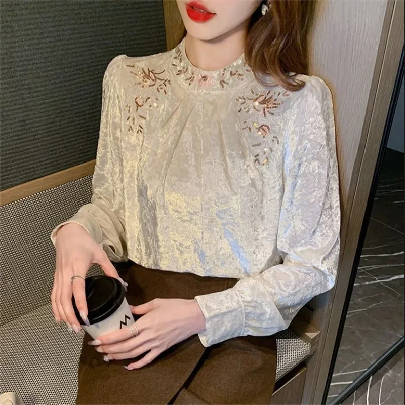 

Плиссированная футболка, женская футболка, топ с длинным рукавом, свободная блузка с воротником, женская одежда, футболки, пуловер с воротником-стойкой, женские футболки