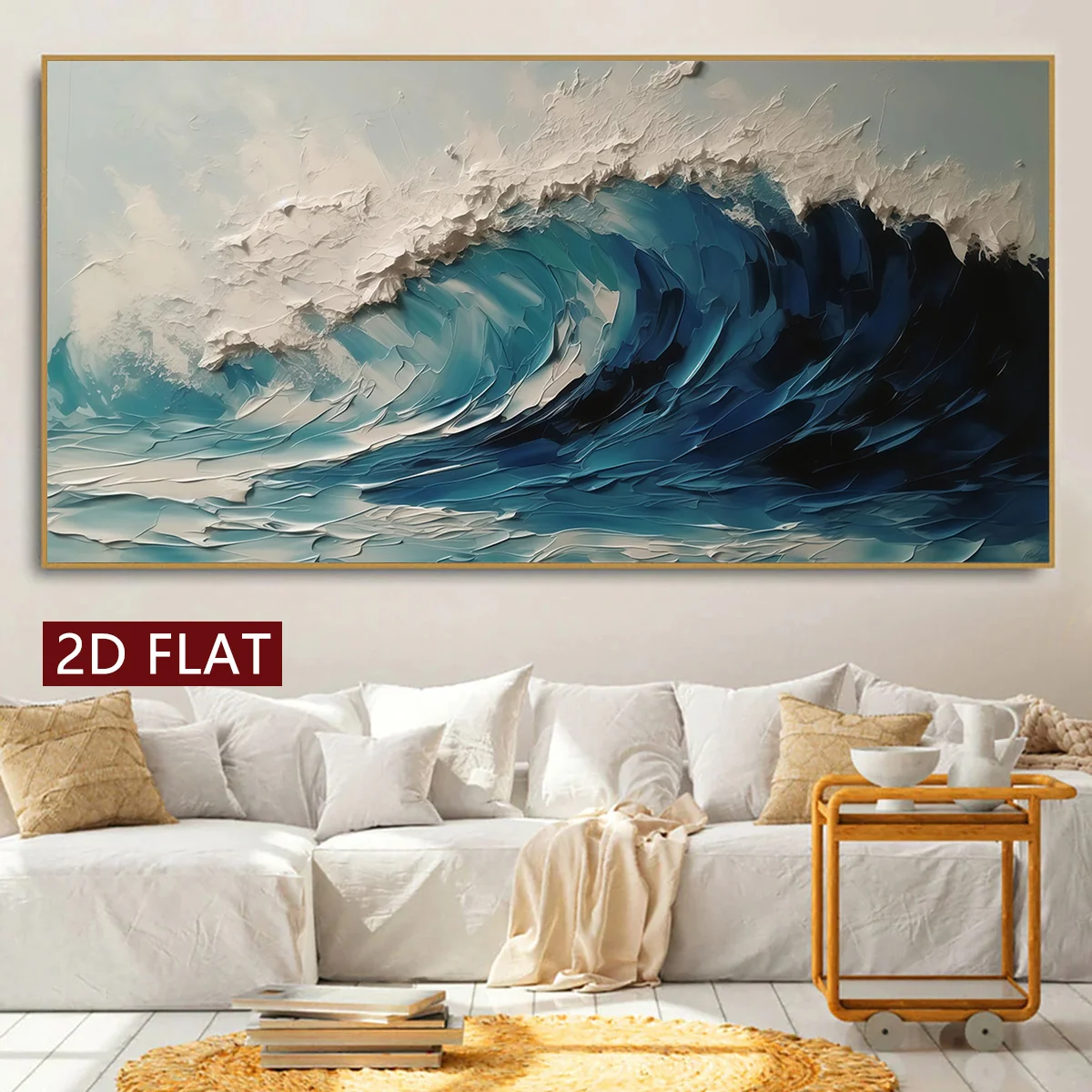 

2D Flat Modern Abstract Ocean Wave Canvas Wall Art, Frameless Ocean Landscape Canvas Prints for Living Room and Bedroom Decor