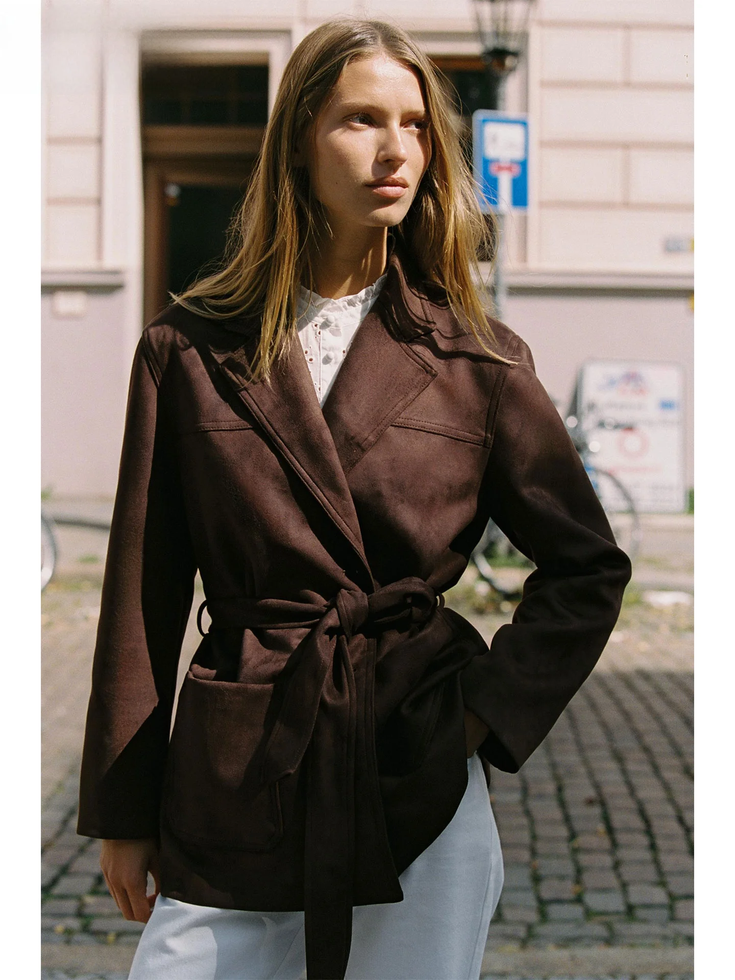 

ZAPRHA Autumn 2025 Women's Long Sve Jaet Coat with Belt Faux Suede Effect Turn-down Collar Casual Sle Ladies Outerwear