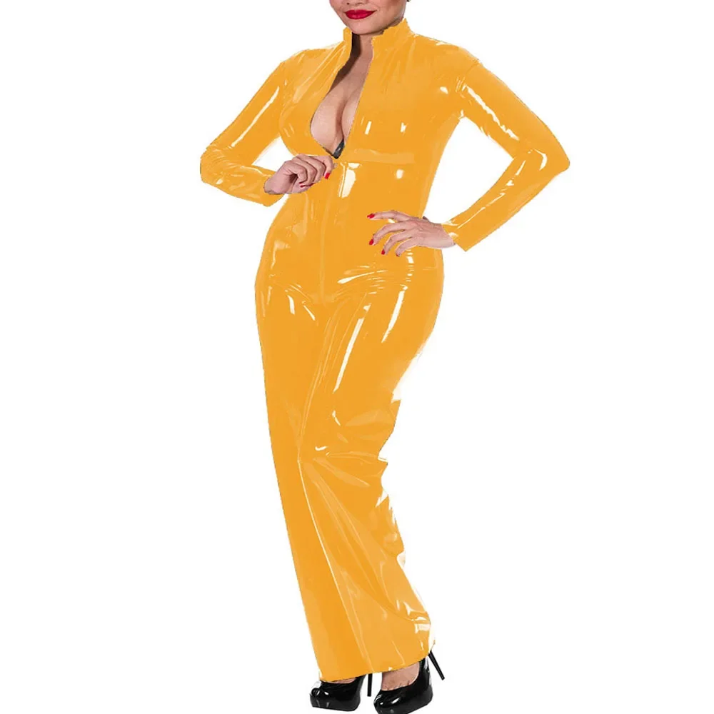 Nieuwe Plus Size Glanzende Jumpsuit Vrouwen Natte Look Glanzend Pu Faux Lederen Catsuit Lange Mouw Met Rits Open Kruis Bodysuit Clubwear S-8XL