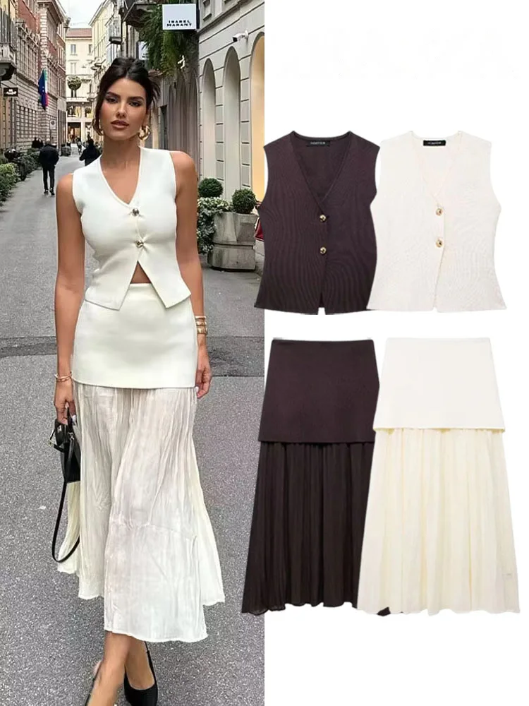 HH Women 2 Piece Set Chic V-Neck Sleeveless Button Knitted Vest Top+Splicing High Waist Side Zipper Ankle-Length Skirt