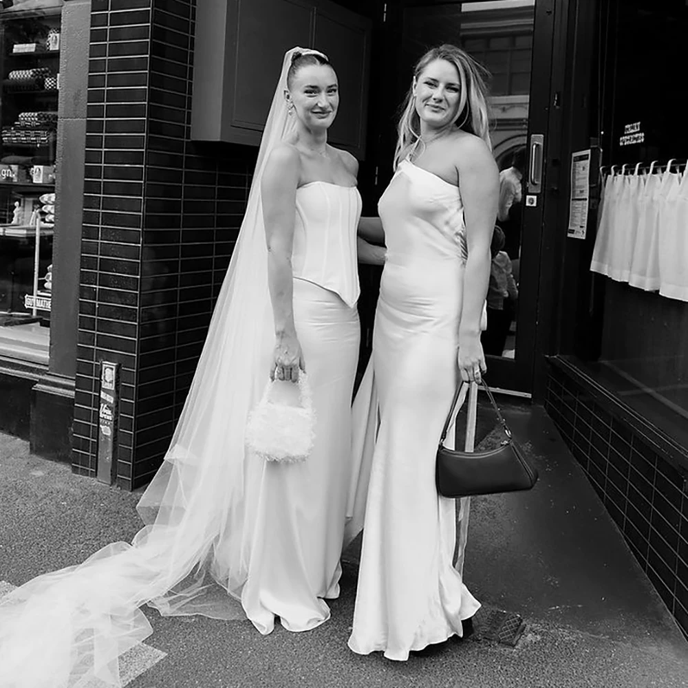 Simple Ivory Sexy Strapless Wedding Dress Customized Two Pieces Basque Waist Exposed Boning Sheath Satin Column Bridal Gown