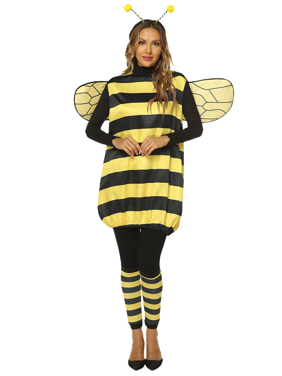 hirigin Women Cosplay Costume Set Halloween Bee Dress with Wings Headband Leg Sleeves for Role-playing Accessories