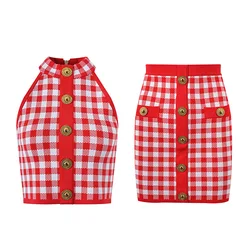 High Quality Women Summer New Vintage Collar Plaid Sleeveless Knitted Vest Top + Skirt Two-Piece Suit Set