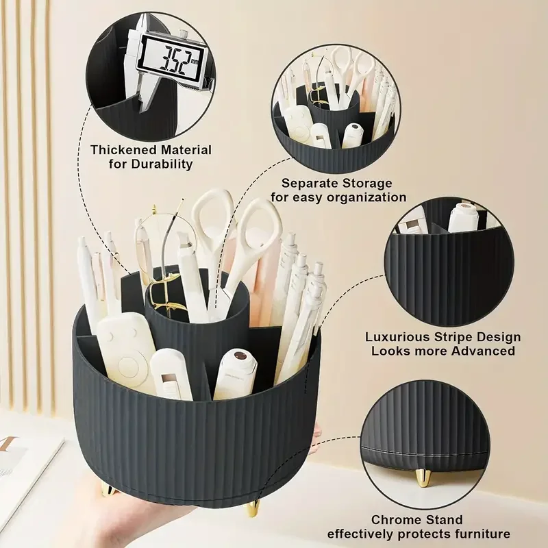 360 °   Porte-brosse de maquillage rotatif à 5 fentes, organisateur de rangement de bureau multifonctionnel, rangement de cosmétiques pour vanité, bureau, salle de bain