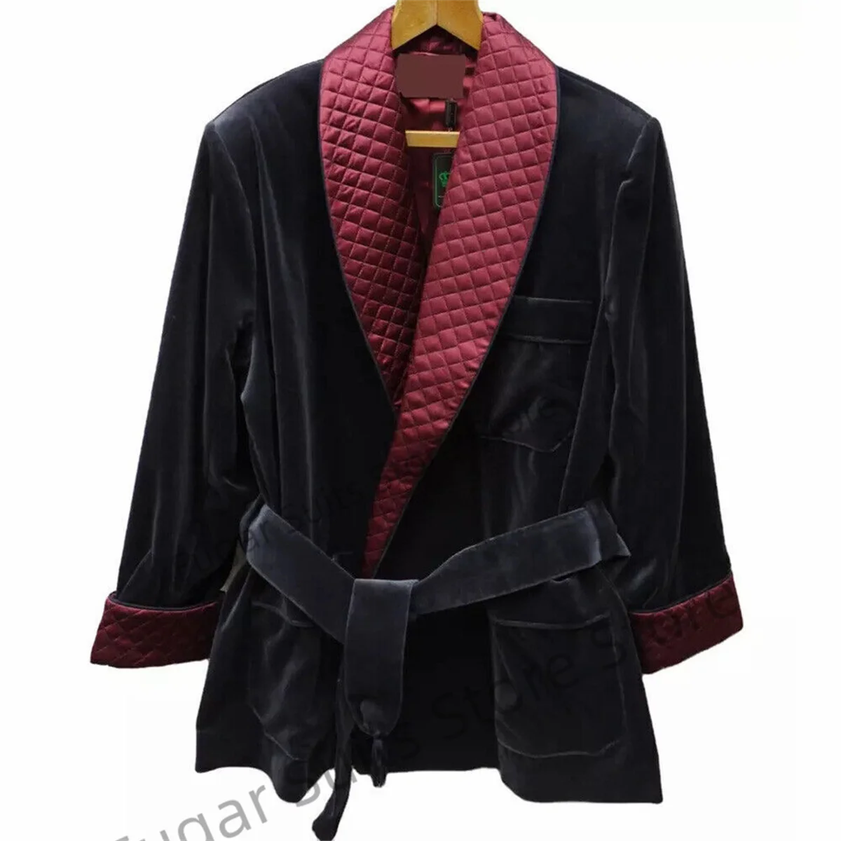 Luxuly Velvet Men Black Smoking Fashion Jacket Wedding Dinner Evening Party Groom Wear Robe With Belt Ropa Hombre