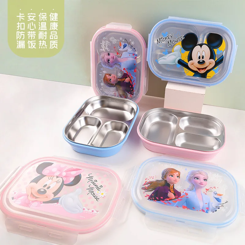 Mickey Minnie Disney Cutlery Three Grid Lunch Box Frozen Princess Cartoon Cute Pattern Stainless Steel Student Lunch Box Cutlery