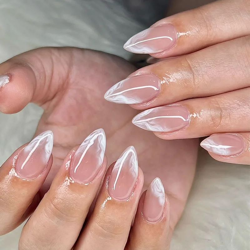24Pcs Ballerina Almond Fake Nails with Glue Minimalism Nail Design White Gradient Full Cover Press on Acrylic Nail Manicure Tips image 6