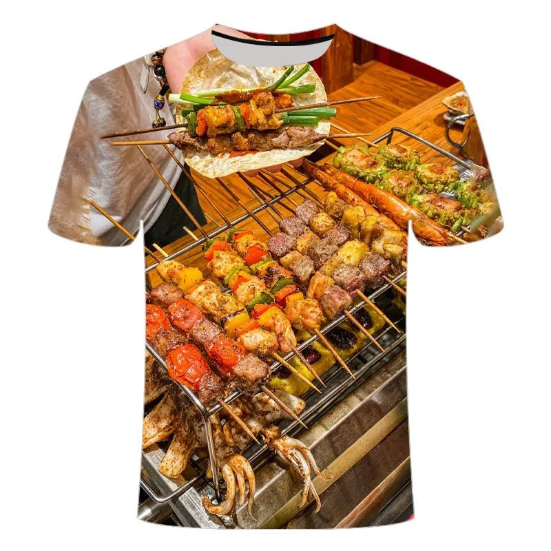 Barbecue Kebab Graphic T Shirt Men 3D Printed Night Market BBQ T-shirt Funny Short Sleeve Tee Shirts Casual Tops Street Tshirt