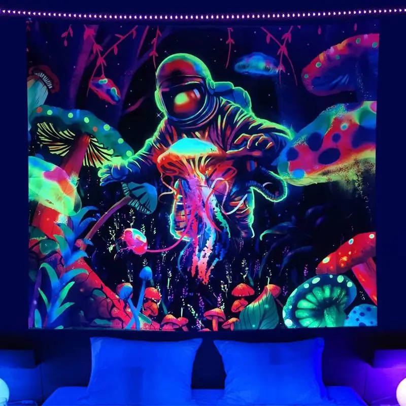 VIKAMA Fluorescent Psychedelic Astronaut Jellyfish Planet Tapestry, Fantasy Atmosphere Wall Hanging, e-Sports Room Decor