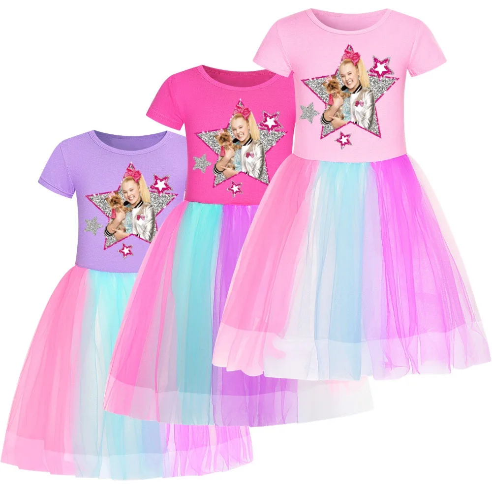 JOJO Siwa Kids Clothes Knee-Length Dresses Cute Cotton Gauze Full Dress Teenagers Cartoon Baby Girls Party Clothing