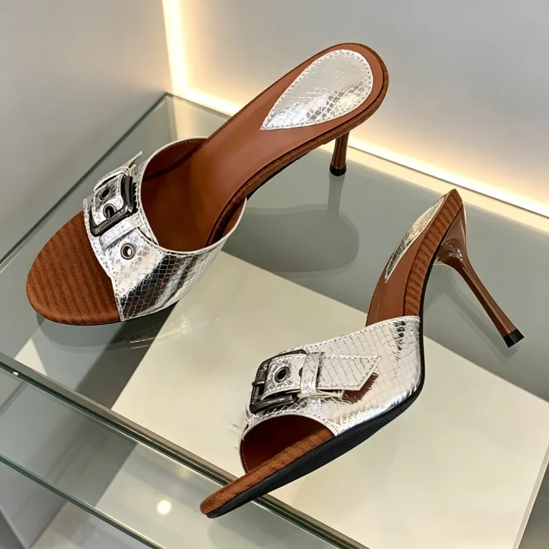 

Aneikeh Fashion Women's Silver Snake Print High Heel Mules Open Toe Buckle Strap Stiletto Sandals Slip on Summer Party Slippers