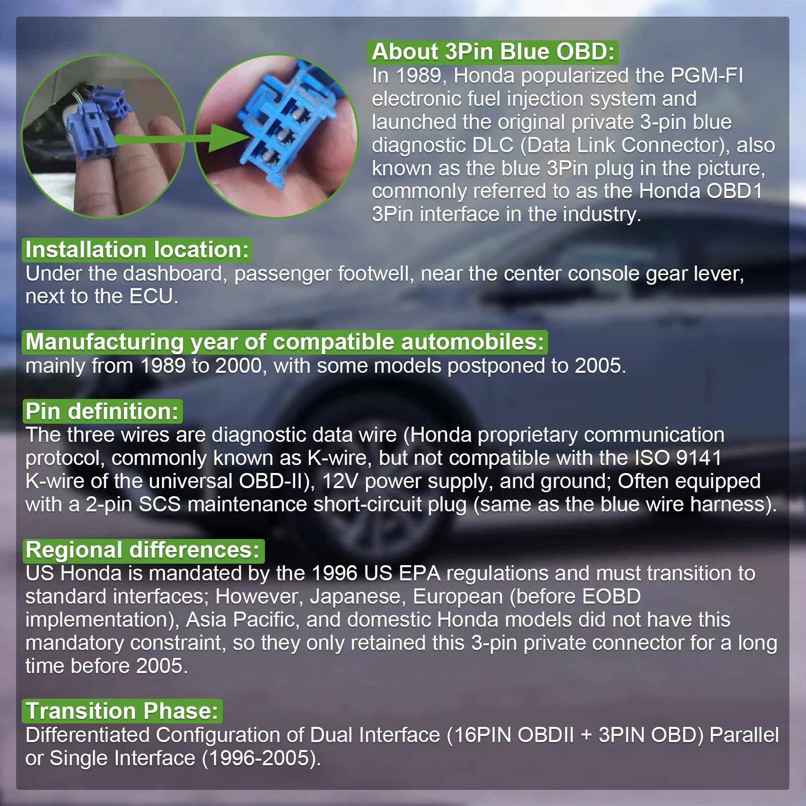 OBD-Kabel für HONDA 3-PIN OBD2 Diagnoseadapter für Civic, Accord, Acura, Prelude, CR-V, Odyssey, Pilot, Passport 3-Pin OBD-Anschluss – Detail 1
