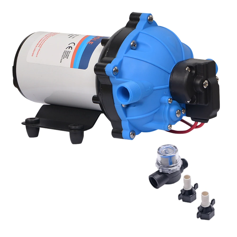 24V Water Pressure Diaphragm Pump 5-Chamber Self-Priming Pump 5.5GPM Water Transfer Pump 70PSI with Water Strainer Hose Fittings