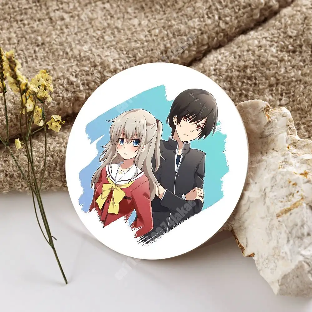 Charlotte Tomori Nao & Otosaka Yuu Wooden Cup Mat Cappuccino Vodka Juice Water Coaster for Flower Shop