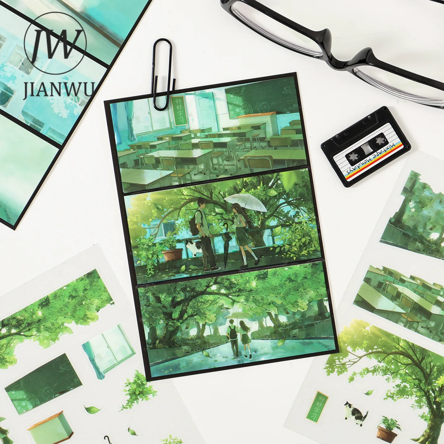 JIANWU Youth Jet Lag Series Vintage Tree Character Landscape Material Collage PET Sticker Creative DIY Journal Stationery - view 4