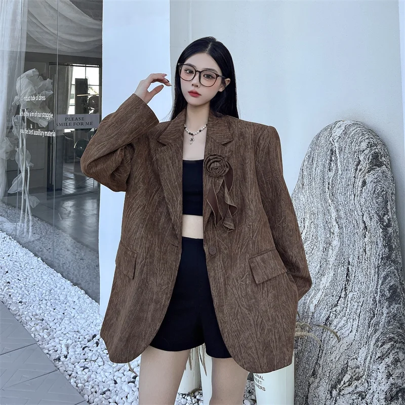 Vintage élégant tridimensionnel fleur ample costume veste printemps automne un bouton manteau femme surdimensionné veste manteau
