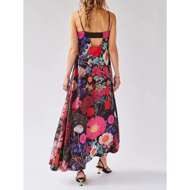Combhasaki Donna Estate Boho Senza maniche Spalline regolabili Ritaglio posteriore Stampa floreale Abito lungo a trapezio fluido e setoso