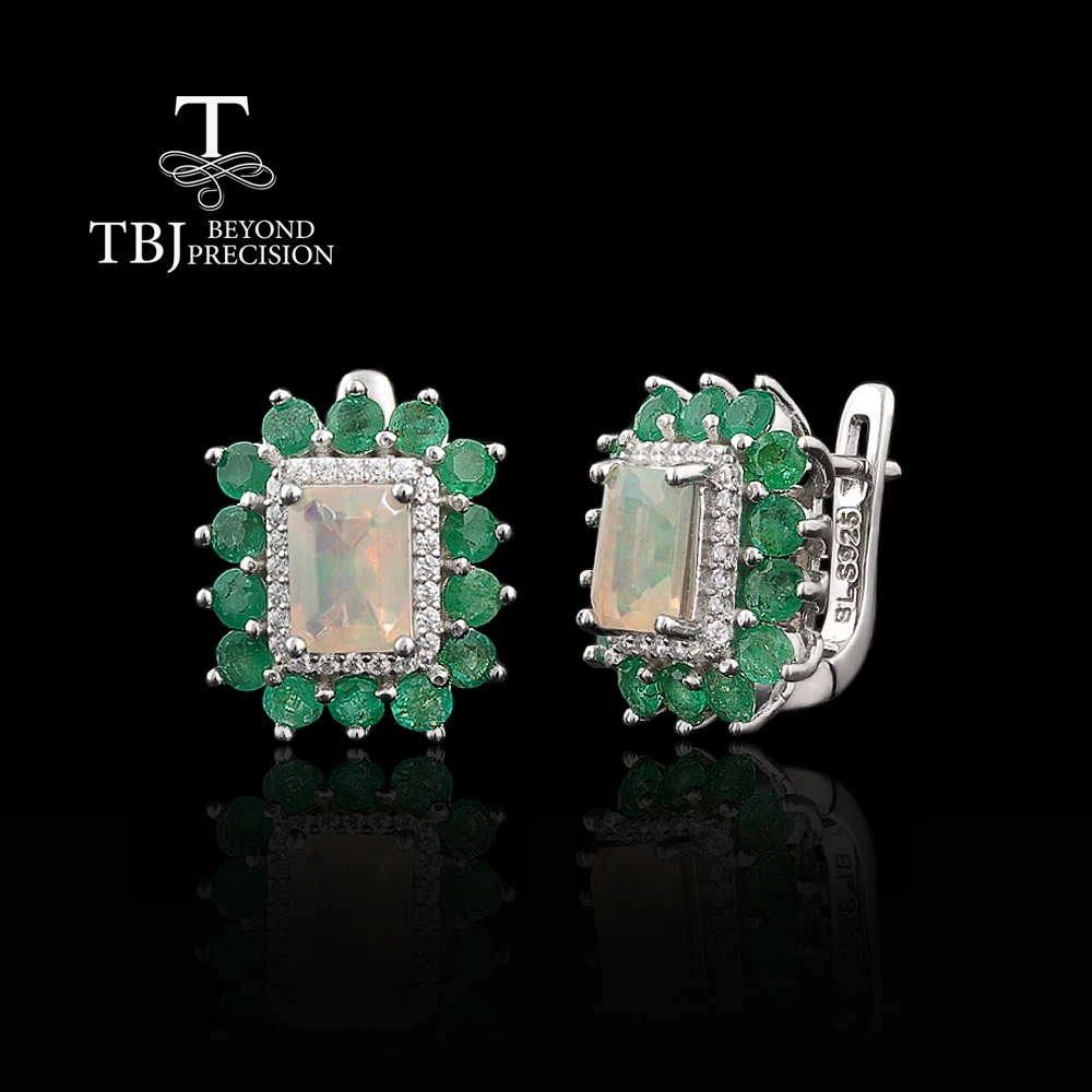 

Women's Classic High-End Silver Earrings with Natural Ethiopia Opal & zambia Emerald Gemstones Fine Jewelry