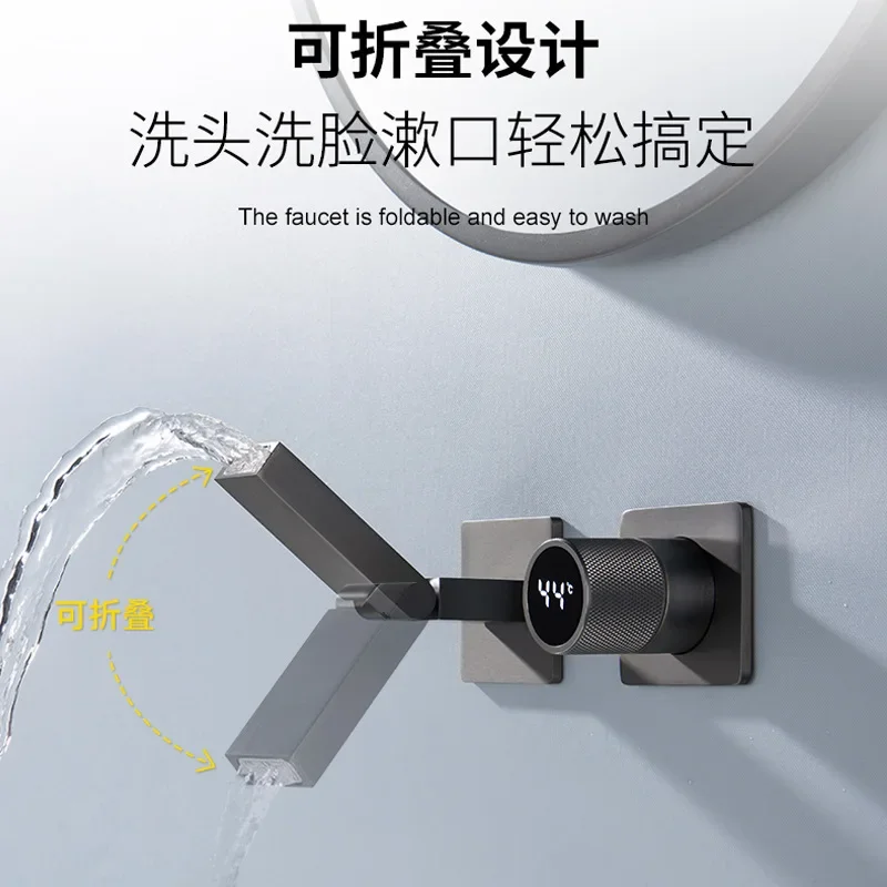 Cross-border gun ash concealed digital display folding basin faucet All copper wall basin hot and cold faucet