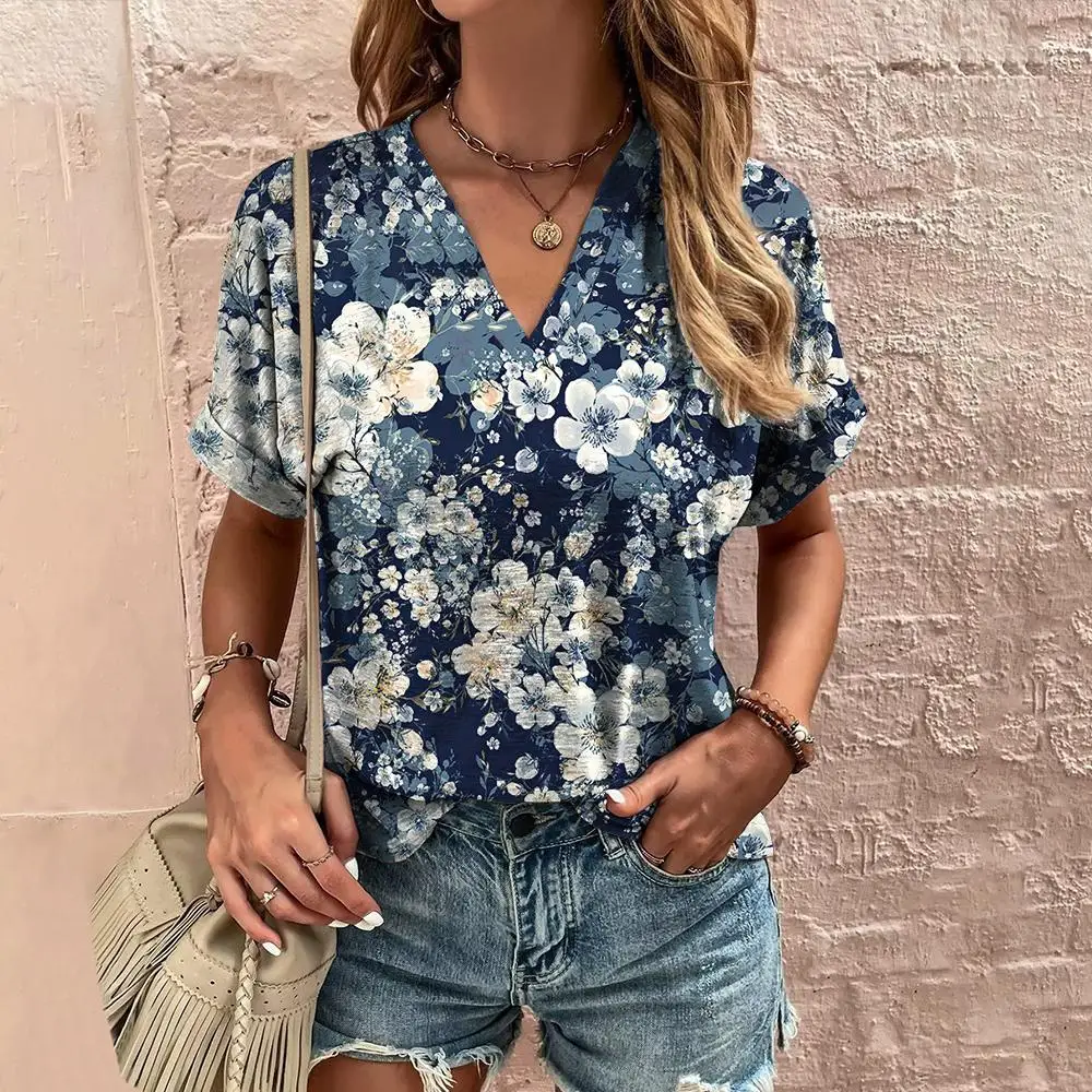 Crushed Flower V Neck Short Sleeve Tshirt Women's Fashions Loose Plus Size Clothing Casual T Shirts Streetwear Casual Woman Tops