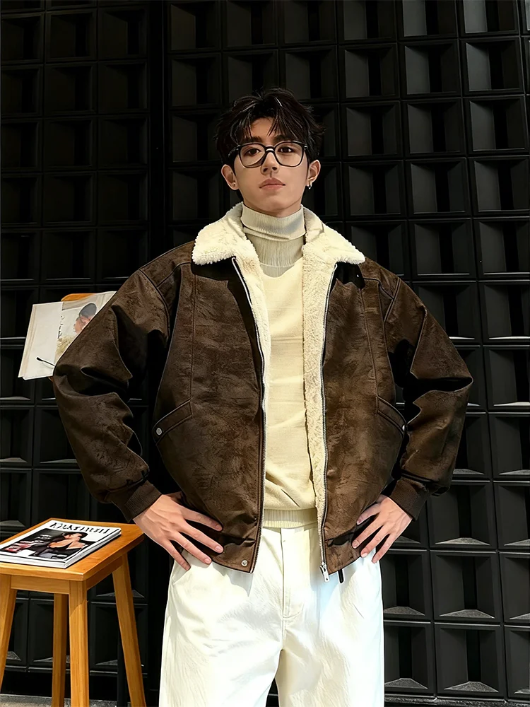 

Barnes Winter Thiened PU Leather Lamb Velvet Cotton Jaet Men's ort Flight Sle Outerwear Youth ular Casual Coat