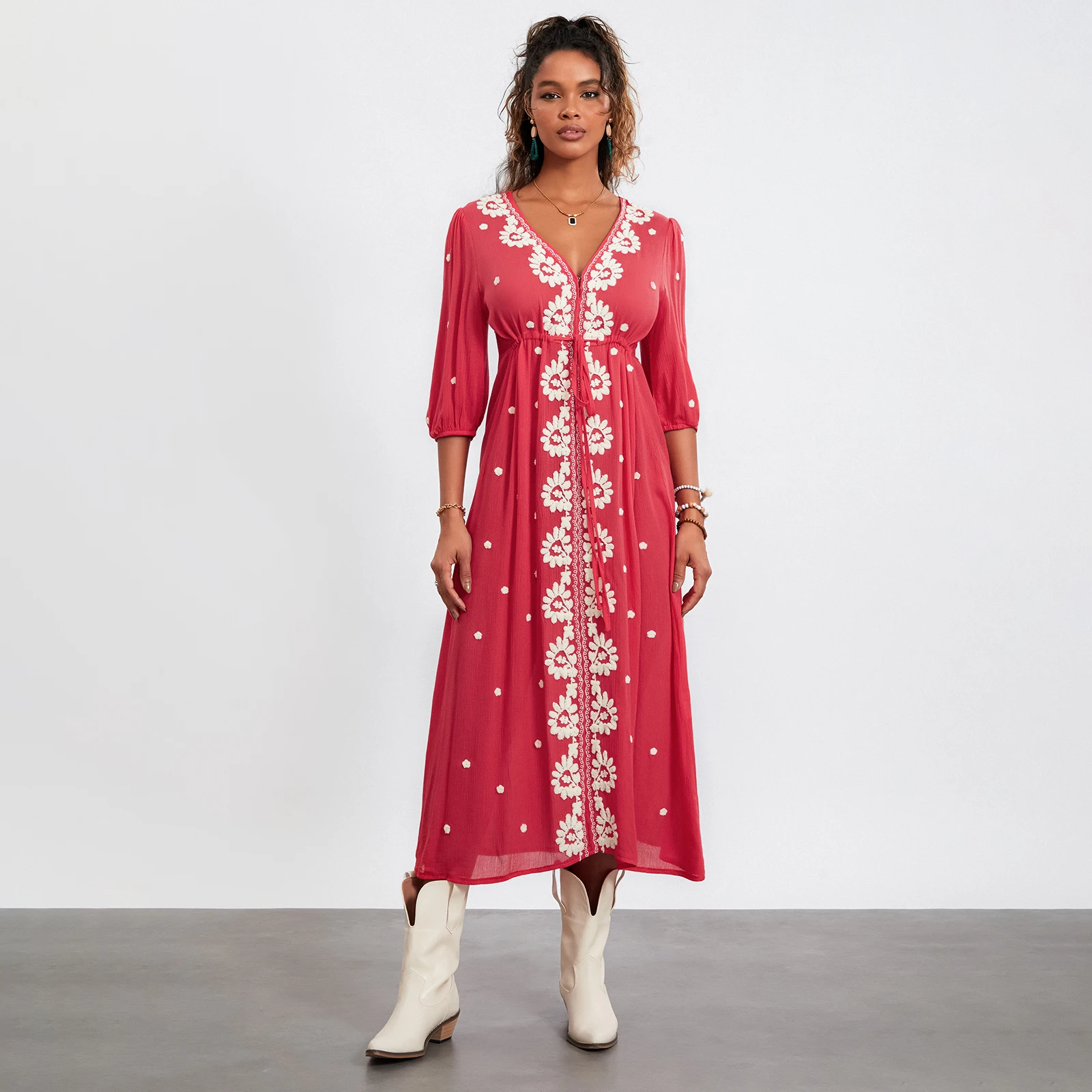 New Fashion Womens Summer Embroidered Dress 3/4 Sleeve V-Neck Tie Tunic Waist Long Dress For Beach Party Streetwear Hot Sale