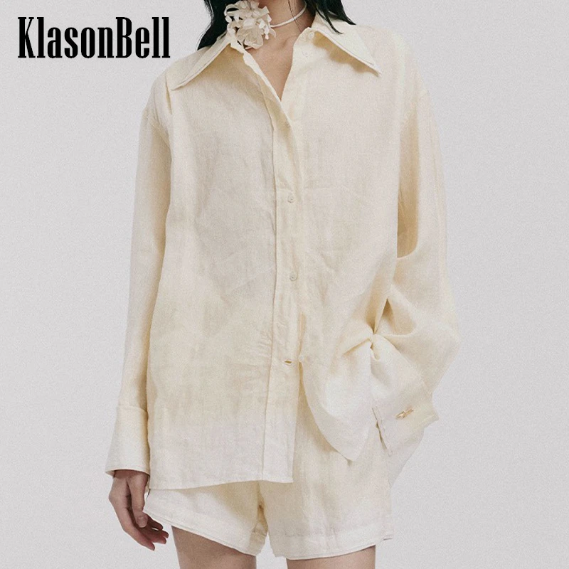 

6.12 KlasonBell Women Gradual Linen Loose 2 Piece Set Lapel Cuff Metal Button Shirt + Elastic Waist Shorts Fashion Casual Set