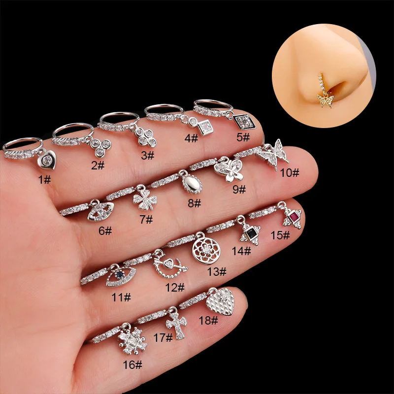 8mm Surgical Stainless Steel Nose Stud Earring CZ Nose Ring with Bowknot/butterfly Cubic Zircon for Sensitive Ears Lip