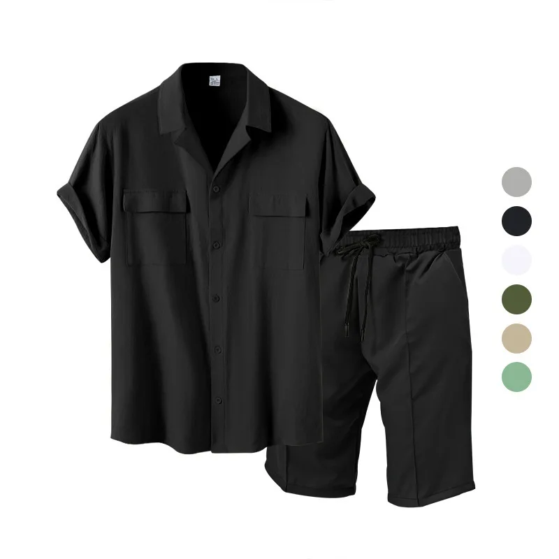 Casual Fashion Men\'s Suit Summer Beach Style Solid Color Men\'s Shirt Short Sleeve and Shorts Two-Piece Set Men\'s Clothing